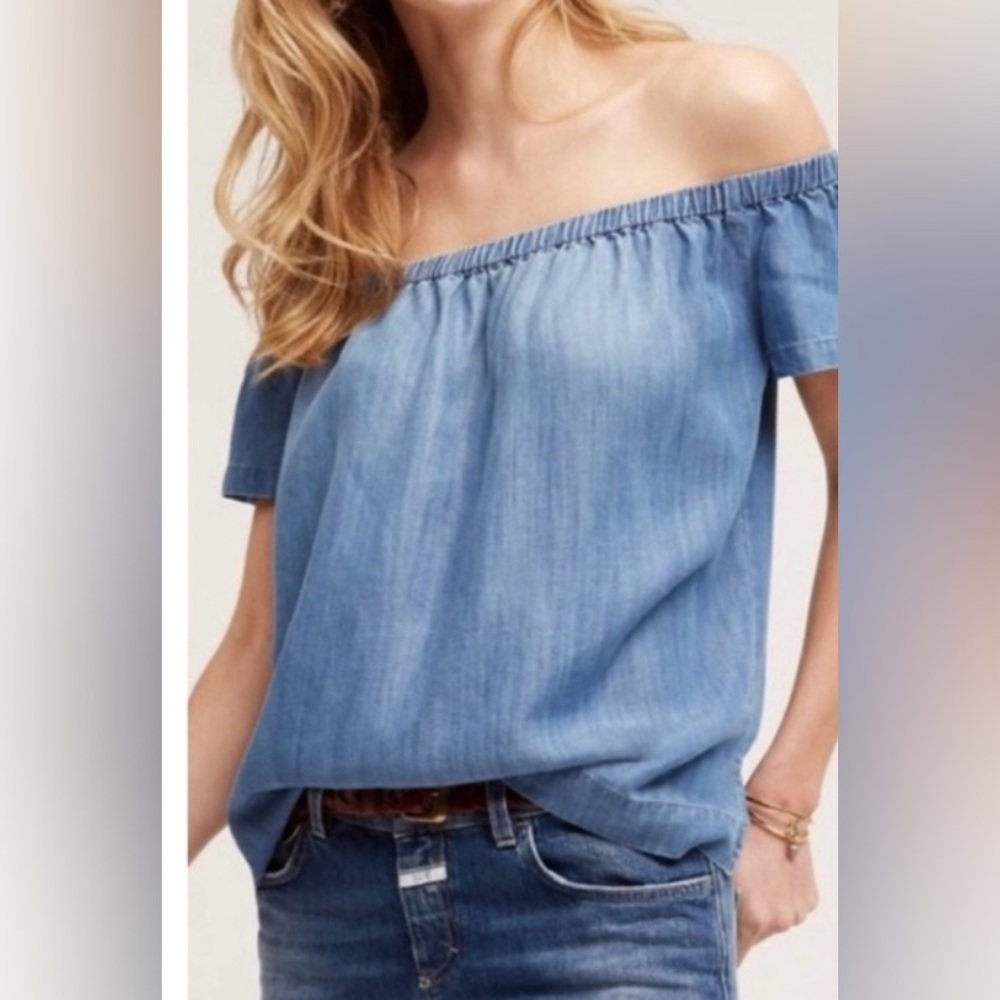 CLOTH & STONE Anthropologie sz M Tencel Chambray Elastic Neck Off Shoulder Top